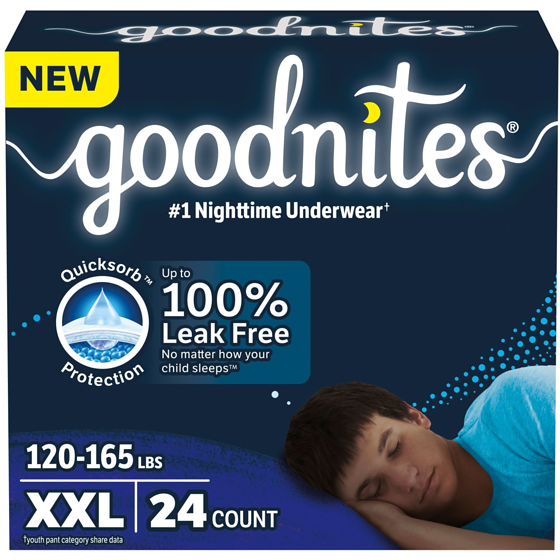Goodnites Boys Nighttime Underwear, XXL (120-165+ lbs), 24 Ct 24 ea, $1.50/1ea
