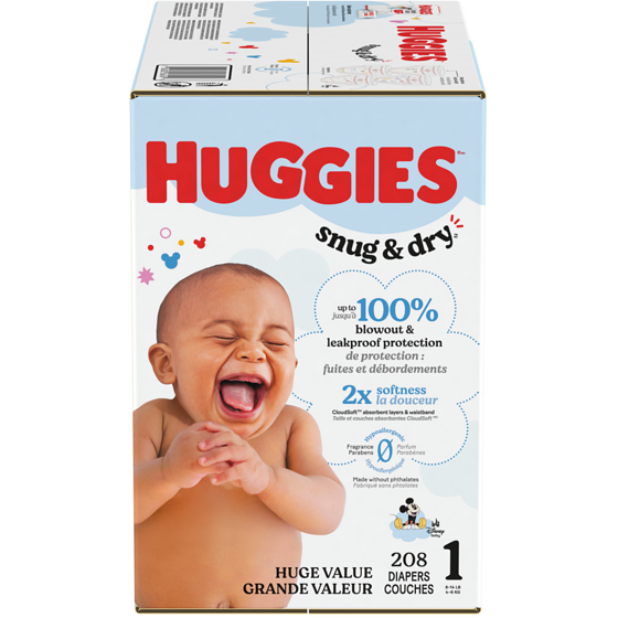 Huggies Couches pour bébés Snug & Dry, taille 1, 208 couches 208 ea, 0,20 $/1ch