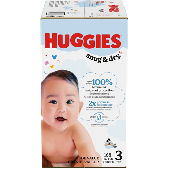 Huggies Couches pour bébés Snug & Dry, taille 3, 168 couches 168 ea, 0,21 $/1ch