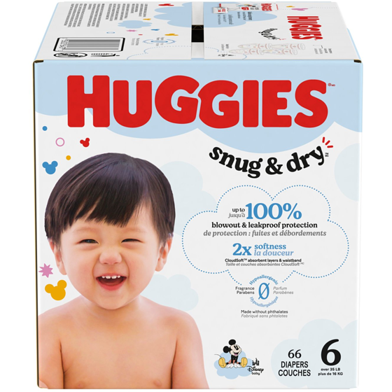 Huggies Couches pour bébés Snug & Dry, taille 6, 66 couches 66 ea, 0,42 $/1ch