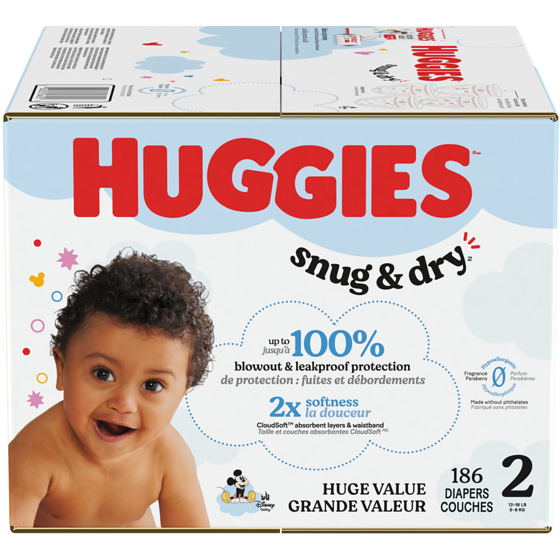 Huggies Couches pour bébés Snug & Dry, taille 2, 186 couches 186 ea, 0,23 $/1ch