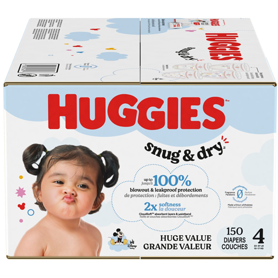 Huggies Couches pour bébés Snug & Dry, taille 4, 150 couches 150 ea, 0,23 $/1ch