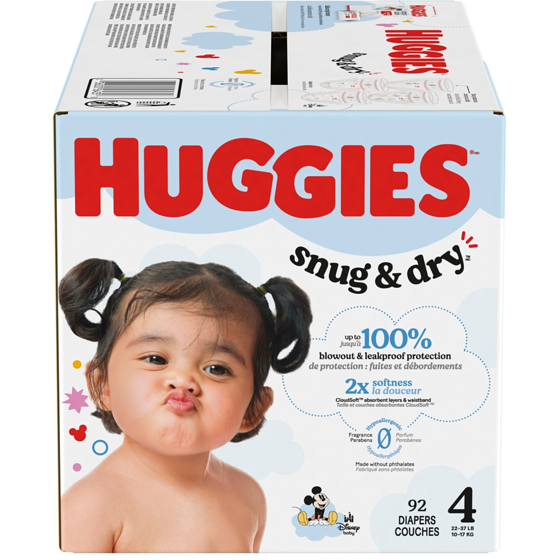 Huggies Couches pour bébés Little Snugglers,  taille 4, 92 couches 92 ea, 0,30 $/1ch