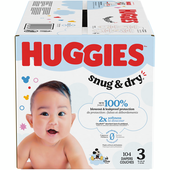 Huggies Couches pour bébés Snug & Dry, taille 3, 104 couches 104 ea, 0,27 $/1ch
