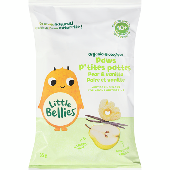 Little Bellies Collations multigrains biologique p'tites pattes poire et vanille 10+ mois 35 g, 11,40 $/100g