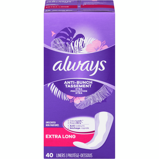 Always Anti-Bunch Xtra Protection Daily Liners, Extra Long, Unscented, 40 CT 40 ea, $0.17/1ea