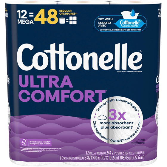 Cottonelle Ultra Comfort Toilet Paper,  12 Mega Rolls  12 ea, $1.25/1ea