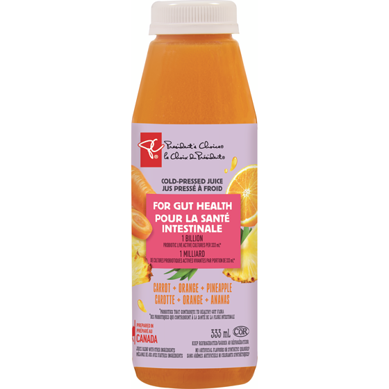 President's Choice Carrot + Orange + Pineapple Cold Pressed Juice with Probiotics for Gut Health 333 ml, $1.50/100ml