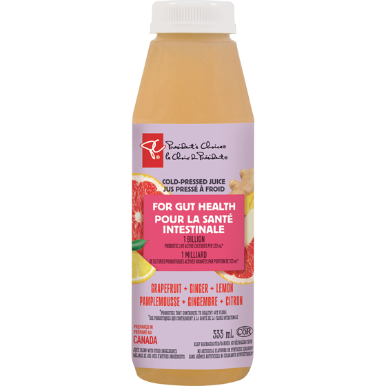 President's Choice Grapefruit + Ginger + Lemon Cold Pressed Juice with Probiotics for Gut Health 333 ml, $1.50/100ml