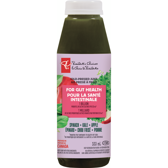 President's Choice Spinach + Kale + Apple Cold Pressed Juice with Probiotics for Gut Health 333 ml, $1.50/100ml
