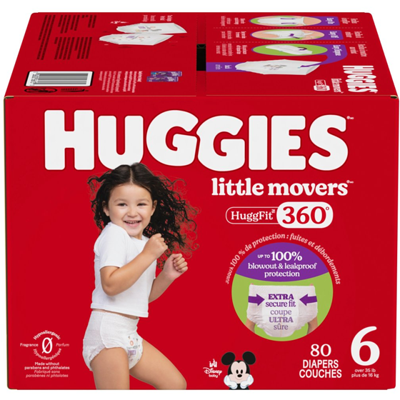 Huggies Couches pour bébés HuggFit 360° de Little Movers, taille 6, 80 unités 80 ea, 0,44 $/1ch
