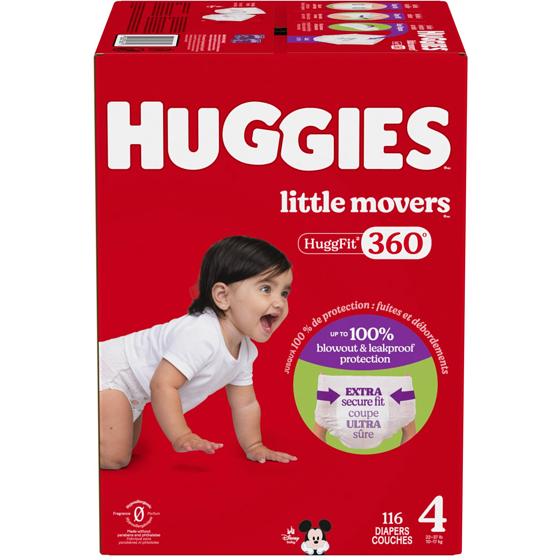 Huggies Couches pour bébés HuggFit 360° de Little Movers, taille 4, 116 unités 116 ea, 0,30 $/1ch