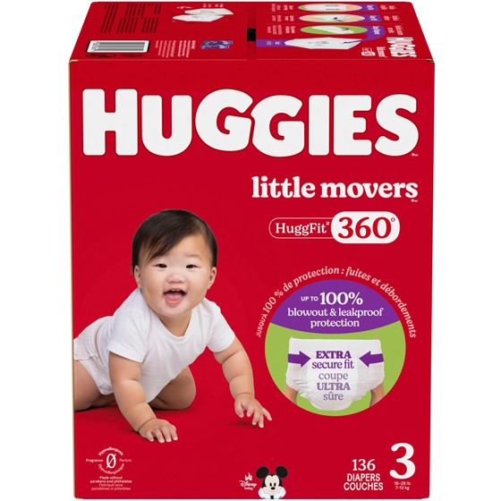 Huggies Couches pour bébés HuggFit 360° de Little Movers, taille 3, 136 unités 136 ea, 0,31 $/1ch