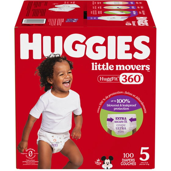 Huggies Couches pour bébés HuggFit 360° de Little Movers, taille 5, 100 unités 100 ea, 0,35 $/1ch