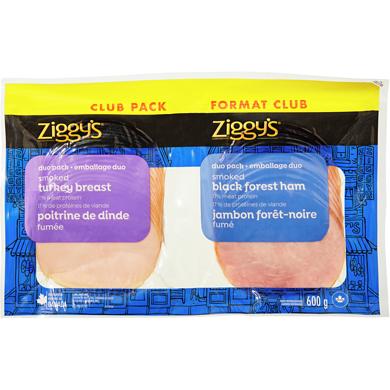 Ziggy's Smoked Turkey Breast and Smoked Black Forest Ham Duo Club Pack 600 g, $2.00/100g