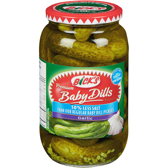 Bicks Premium Baby Dills Pickles Less Salt, Garlic 1 l, $0.70/100ml