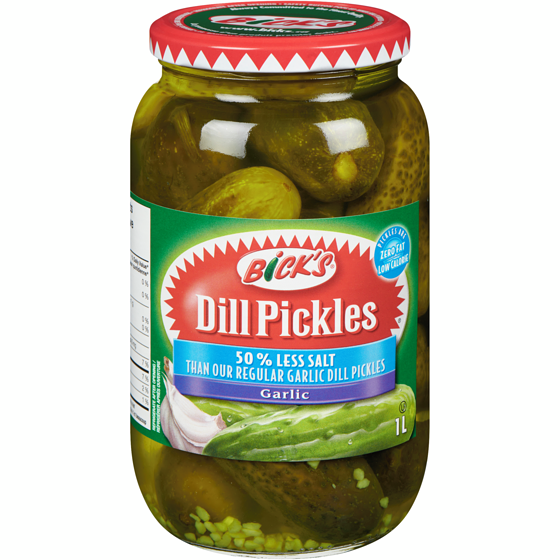 Bicks Dill Pickles 50 % Less Salt Garlic 1 l, $0.70/100ml