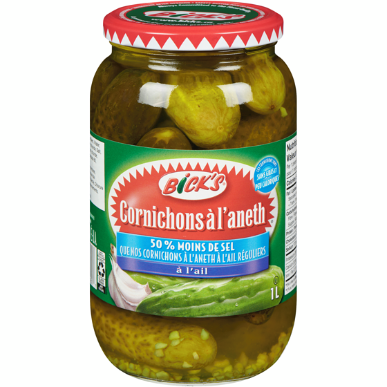 Bick’s Cornichons à l'aneth 50 % moins de sel à l'ail 1 l, 0,70 $/100ml