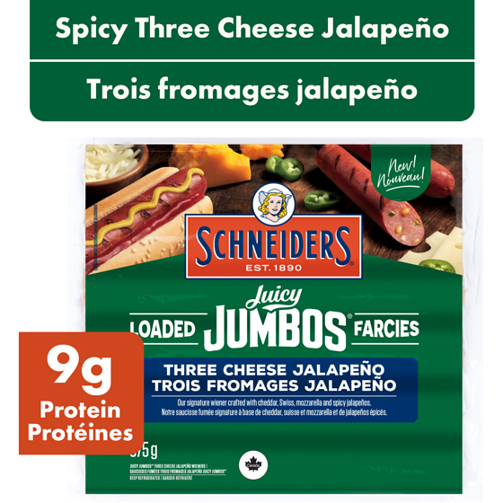 Schneiders Juicy Jumbos Loaded Three Cheese Jalapeo Hot Dogs 375 g, $2.67/100g