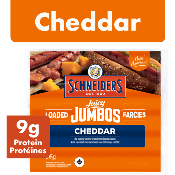 Schneiders Juicy Jumbos Loaded Cheddar Hot Dogs 375 g, $2.80/100g