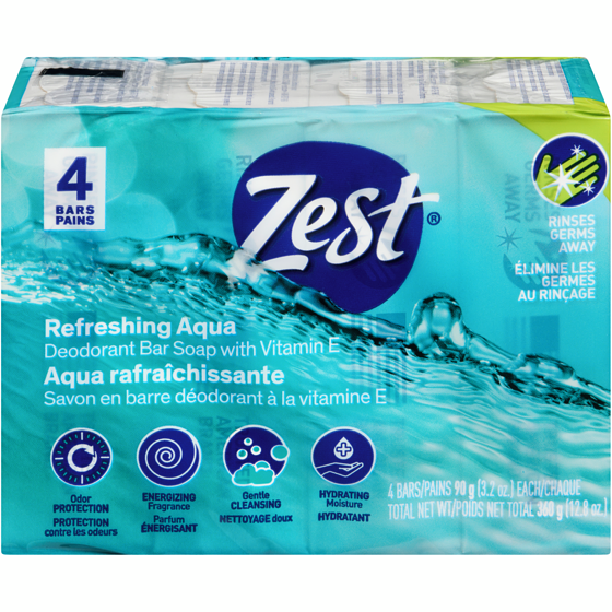 Zest Deodorant Bar Soap With Vitamin E Refreshing Aqua 4x90.0 g, $1.39/100g
