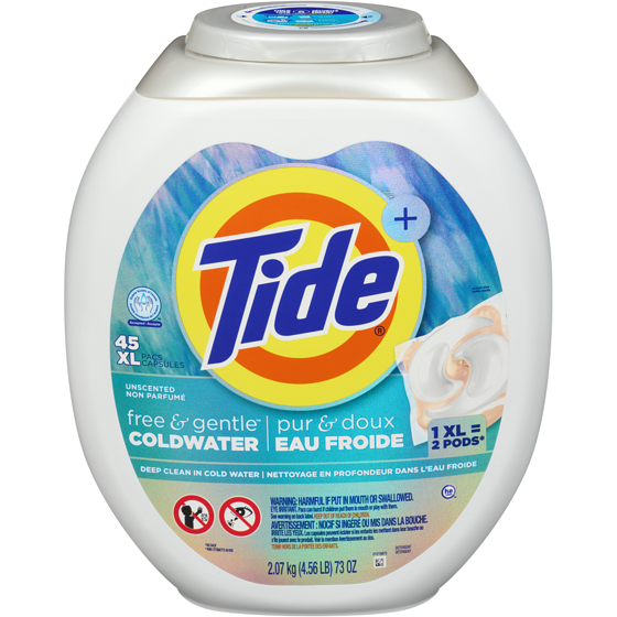 Tide PODS Free and Gentle Coldwater Laundry Detergent Pacs, 45 Count, Hypoallergenic Laundry Detergent Pacs 45 ea, $0.49/1ea