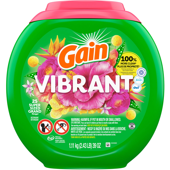 Gain Super Sized Flings Laundry Detergent Pacs, Vibrant, 3-in-1 Detergent Pacs with and Oxi, 25 Count 25 ea, $0.60/1ea