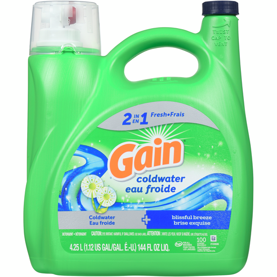 Gain Coldwater Liquid Laundry Detergent, Blissful Breeze Scent, 100 loads, 2 in 1 Freshness, Laundry Detergent Liquid Soap, HE compatible 4.25 l, $0.35/100ml