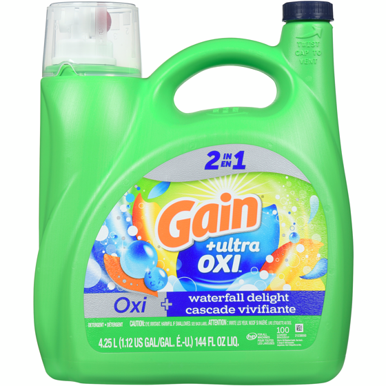 Gain Ultra Oxi Liquid Laundry Detergent, Waterfall Delight Scent, 100 loads, Laundry Detergent Liquid Soap, HE compatible 4.25 l, $0.35/100ml