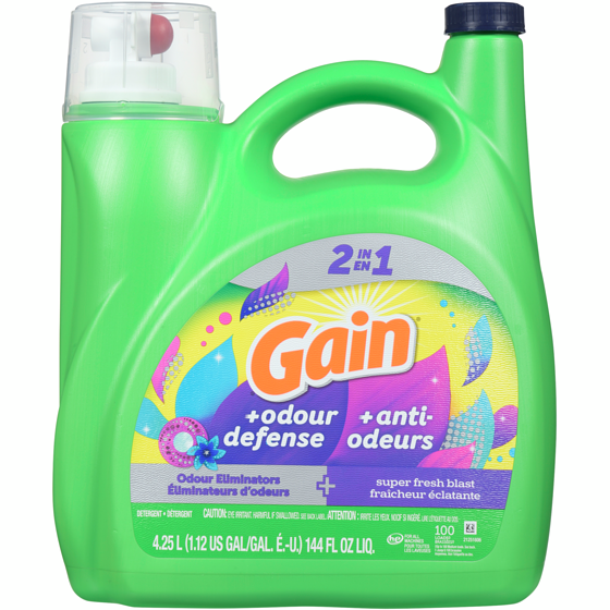 Gain Odour Defense Liquid Laundry Detergent, Super Fresh Blast Scent, 100 loads, 2 in 1, Laundry Detergent Liquid Soap, HE compatible 4.25 l, $0.35/100ml