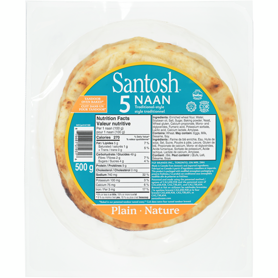 Santosh Santosh Naan, 5-Pack 500 g, $0.40/100g