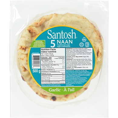 Santosh Naan à l'ail 500 g, 0,40 $/100g