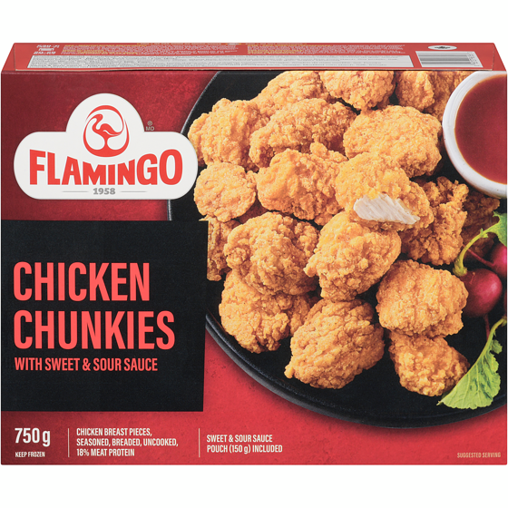 Flamingo Chicken Chunkies With Sweet & Sour Sauce 750 g, $2.27/100g