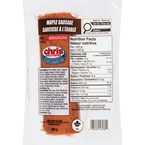 Chris Brothers Maple Sausage 250 g, $2.52/100g