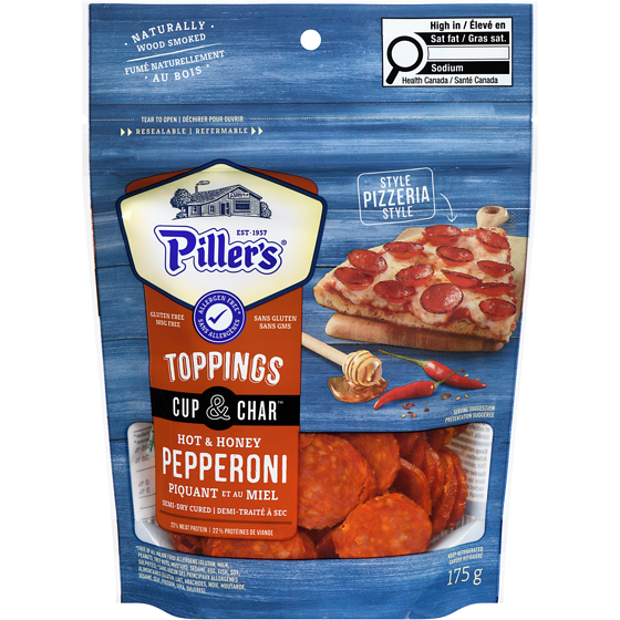 Piller’s Toppings cup & char pepperoni piquant et au miel 175 g, 4,17 $/100g
