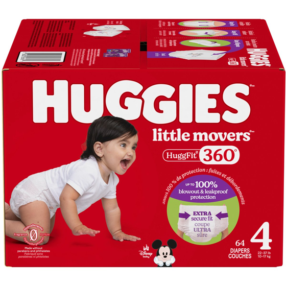 Huggies Couches pour bébé HuggFit 360° de Little Movers, taille 4, 64 unités 64 ea, 0,52 $/1ch