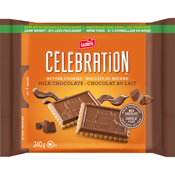 Leclerc Biscuits au beurre chocolat au lait Célébration 240 g, 1,46 $/100g