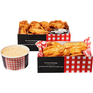 null 14 Chicken Wings with Wedges and Mac & Cheese (Available After 11am) 895 g, $2.01/100g