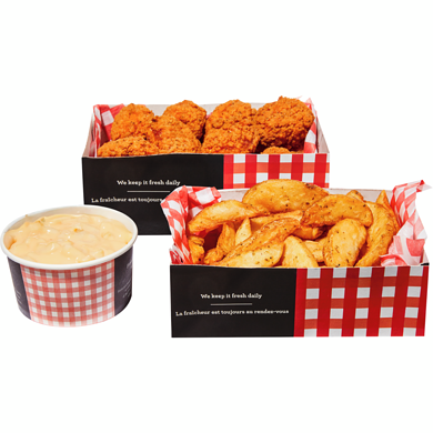 null 18 Chicken Buffalo Flings with Wedges and Mac & Cheese (Available After 11am) 915 g, $1.97/100g