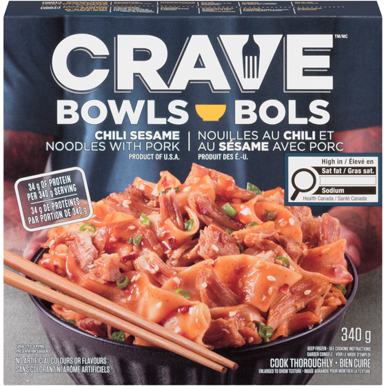 Crave Chili Sesame Noodles With Pork Noodle Bowl 340 g, $1.91/100g