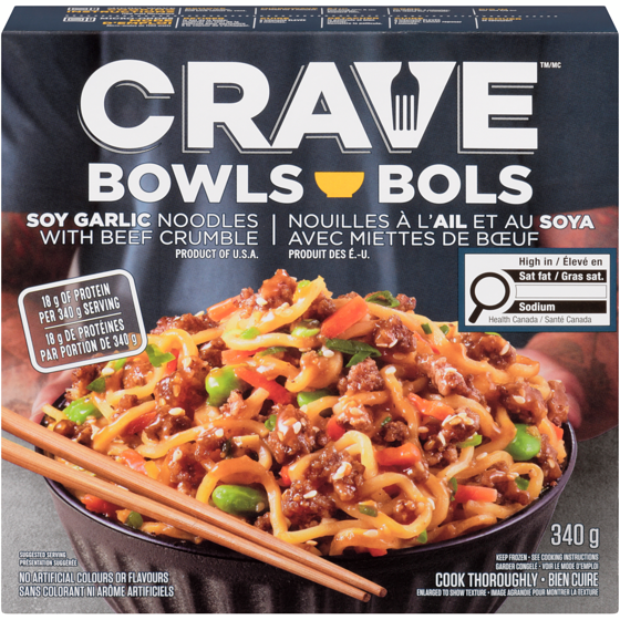 Crave Soy Garlic Noodles With Beef Crumble Noodle Bowl 340 g, $1.62/100g