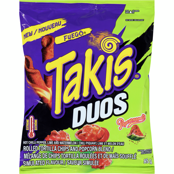 Takis Rolled Tortilla Chips And Popcorn Blend Duos Hot Chilli Pepper, Lime And Watermelon 85 g, $3.28/100g