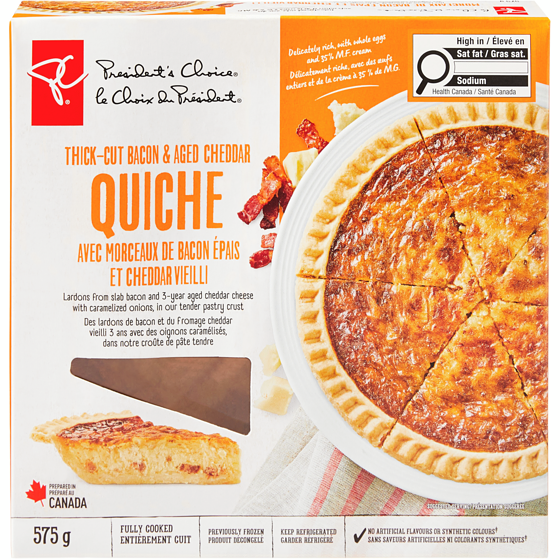 President's Choice Thick-Cut Bacon and Aged Cheddar Quiche 575 g, $1.74/100g