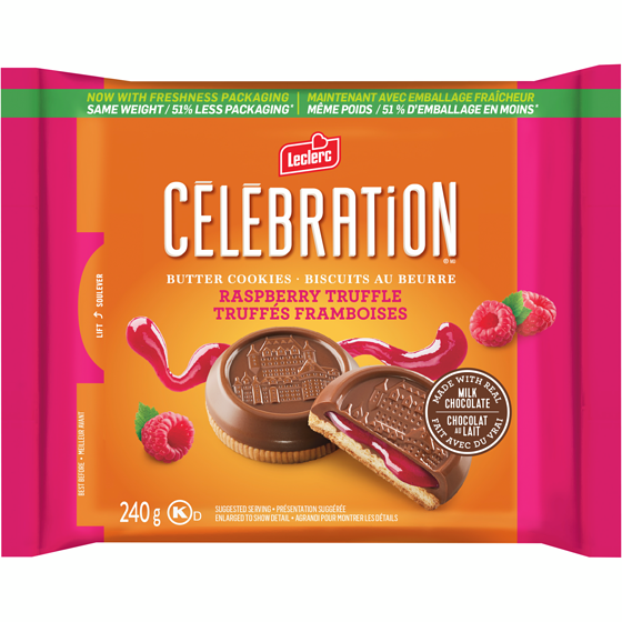 Leclerc Biscuits au beurre truffés framboises Célébration 240 g, 1,88 $/100g