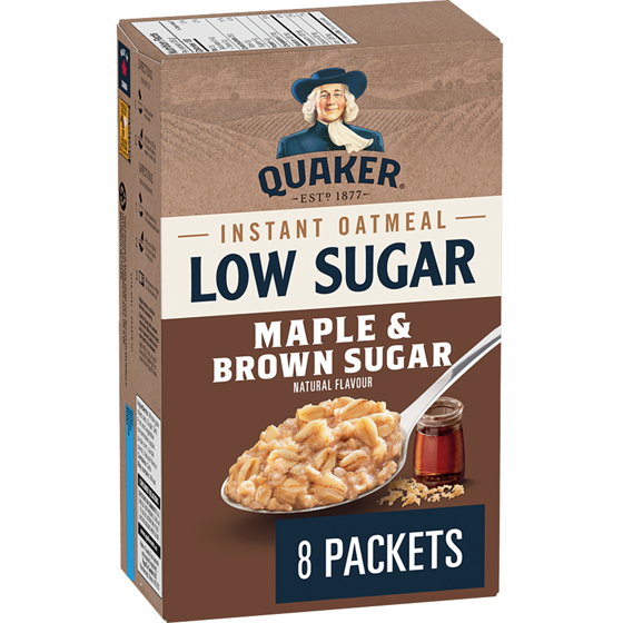 Quaker Maple & Brown Sugar Flavour Low Sugar Instant Oatmeal (8 packets). 232 g, $1.63/100g