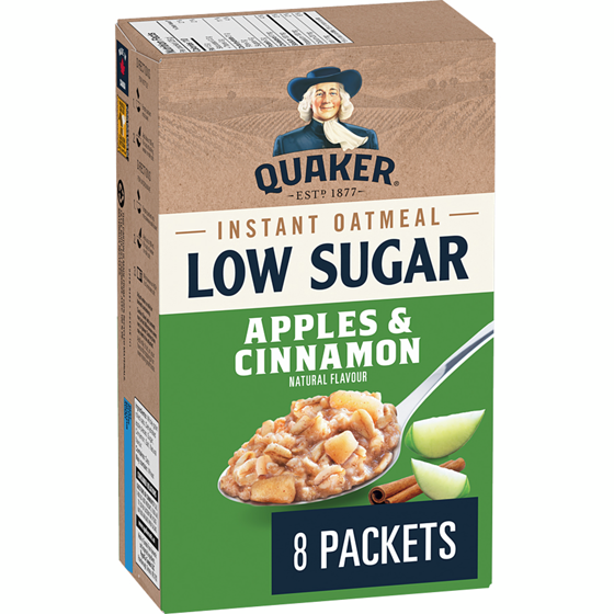 Quaker Apples & Cinnamon Flavour Low Sugar Instant Oatmeal (8 packets). 232 g, $1.63/100g