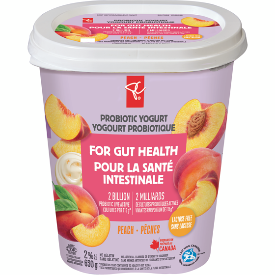 President's Choice Peach Probiotic Yogurt 650 g, $0.54/100g